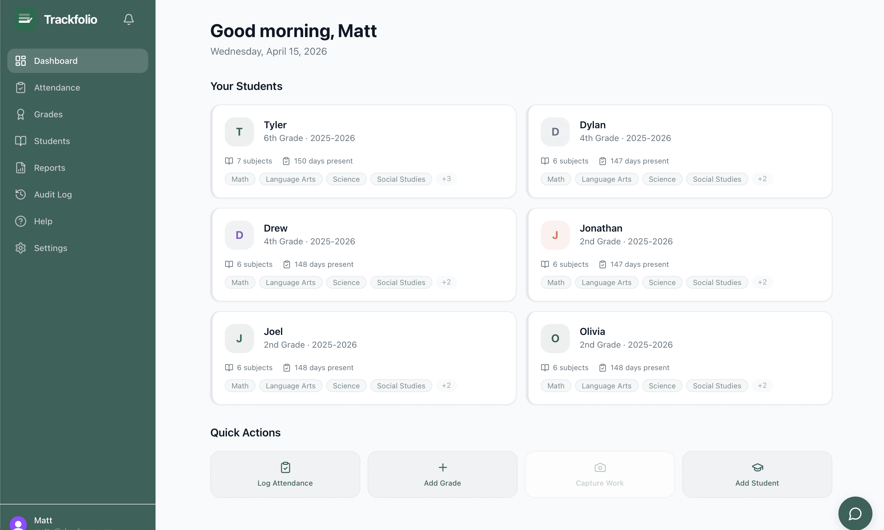 Trackfolio dashboard overview showing student cards with grades, subjects, and attendance snapshots