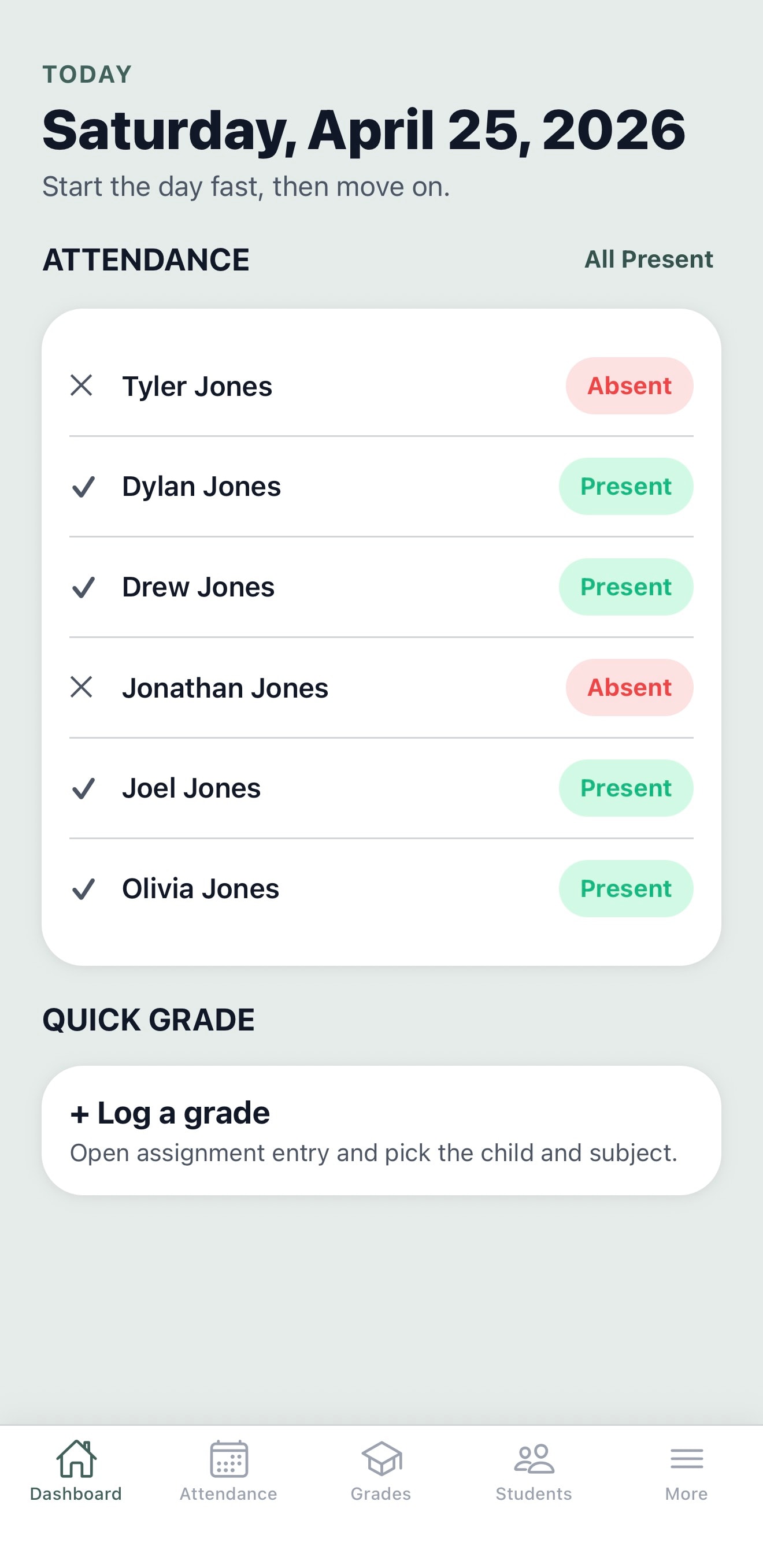Trackfolio iPhone dashboard home screen showing student attendance statuses inline